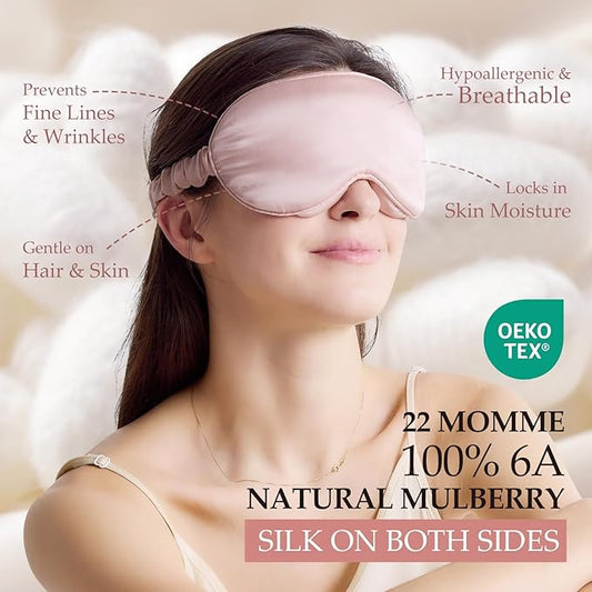 100% 22 Momme Mulberry Silk Sleep Mask with Adjustable Strap, 3D Contoured Cup Silk Eye Mask for Sleeping, Total Black Out, Pink
