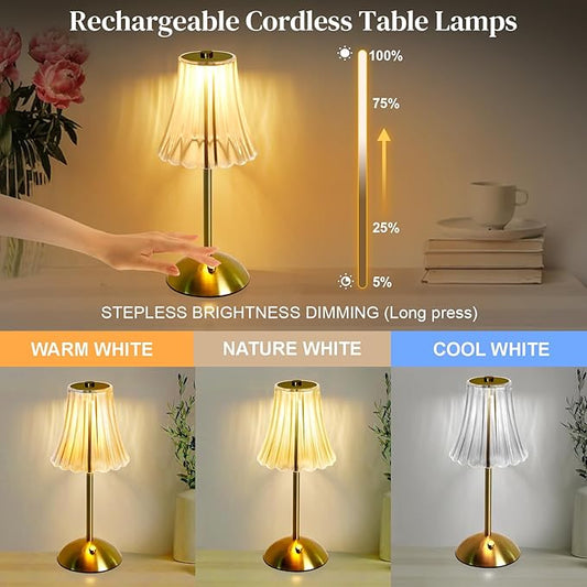 Cordless Table Lamp Rechargeable,LED 3 Colors Light Touch Dimmable Gold Small Lamp Decorative 12" for Nightstand,Bedside,Kitchen,Living Room 2600mAh High Capacity Battery Powered (Acrylic Flower)