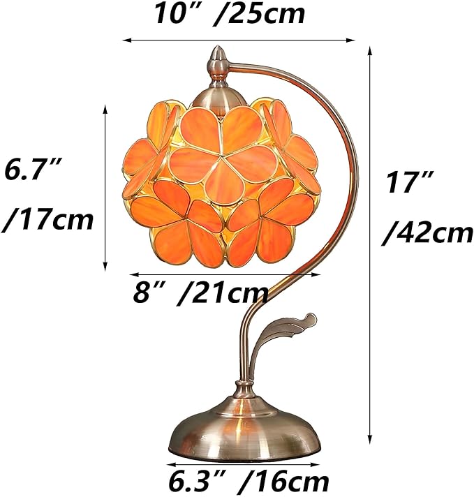 Bieye L10753 Tiffany Style Stained Glass Flower Petal Table Lamp with Brass Base for Home Décor (Orange, 8" Cherry Blossom)