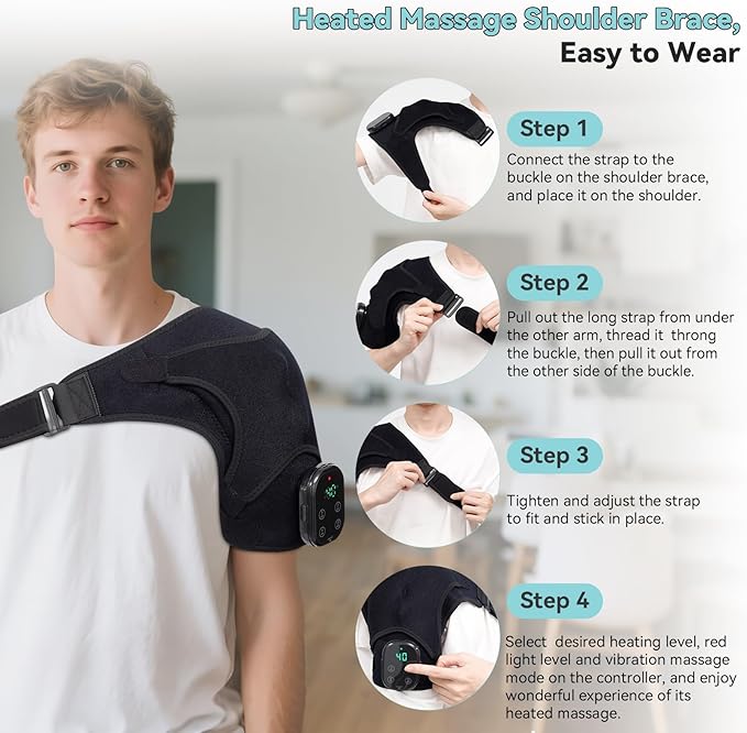 Cordless Shoulder Heating Pad with Massage, Red Light Shoulder Massager for Pain Relief, Electric Rotator Cuff Heated Shoulder Brace for Men & Women. (Black)