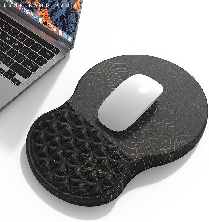 Mouse Pad Wrist Support, Ergonomic Mouse Pad with Wrist Rest, Memory Foam & Non-Slip PU Base, Pain Relief Mousepads for Desk, Office & Home(Black Gold Thread)