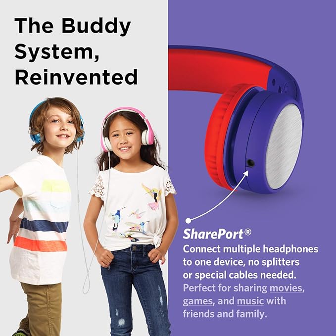 LilGadgets Connect+ Style On-Ear Kids Headphones with Microphone - SharePort Technology, SoftTouch Padding, Detachable Cable, Noise Reduction, Durable & Adjustable - Blue/Red Headphones for Kids