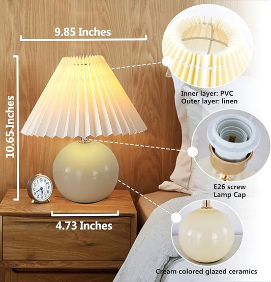 Bedside Table Lamp for Bedroom, Cute Small Pleated Lamps for Nightstand, Modern Circular Ceramic Night stand Lamps, Night Light, Decor Desk Lamp for Living Room Kids Room Dorm Office With E26 LED Bulb