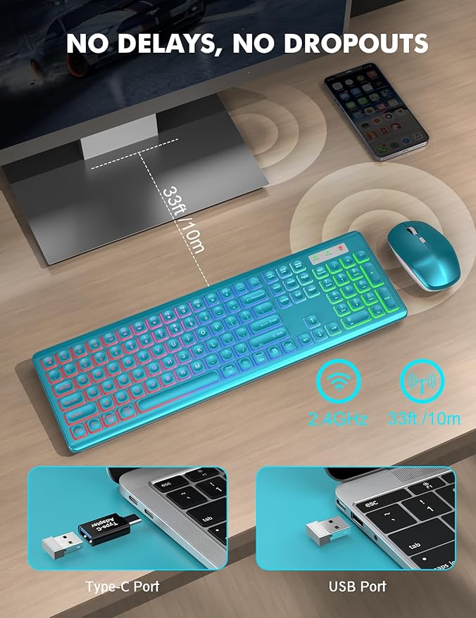 Wireless Keyboard and Mouse Combo - RGB Backlit, Rechargeable & Light Up Letters, Full-Size, Ergonomic Tilt Angle, Sleep Mode, 2.4GHz Quiet Keyboard Mouse for Mac, Windows, Laptop, PC