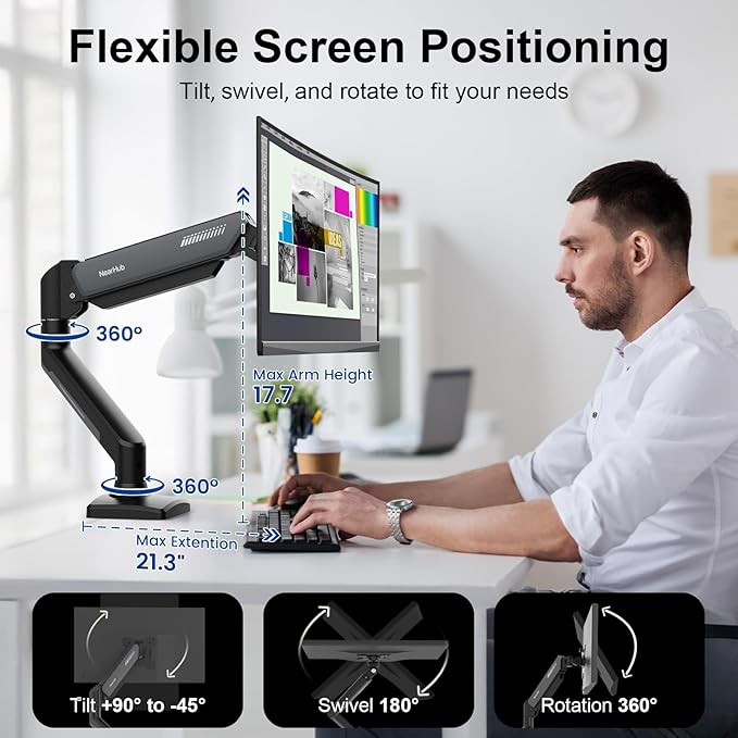 Single Monitor Mount Arm for 13-32" Up 22 lbs Screens | VESA 75x75/100x100 | Clamp/Grommet Base | Cable Management | Space Saving Desk Setup,180° Swivel, Tilt +90° to -45°, 360°Rotation