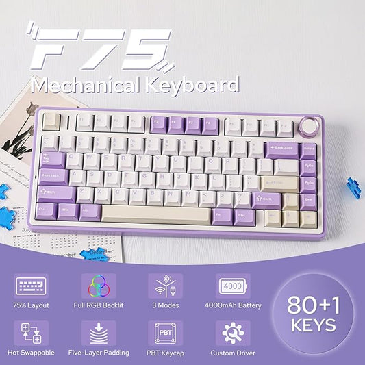 EPOMAKER x Aula F75 Gasket Mechanical Keyboard, 75% Wireless Hot Swappable Gaming Keyboard with Five-Layer Padding&Knob, Bluetooth/2.4GHz/USB-C, RGB (Purple, LEOBOG Reaper Switch)