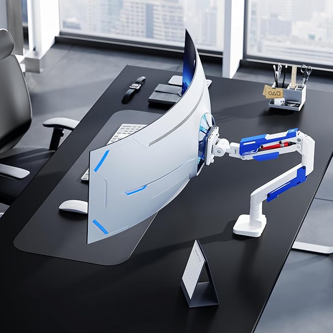 ARES WING Heavy Duty Single Monitor Arm - Gas Spring Aluminum Monitor Mount for 24"-57" Ultrawide Screens up to 66 lbs with Clamp/Grommet Desk Mount, 75/100/200 Vesa Mount, White