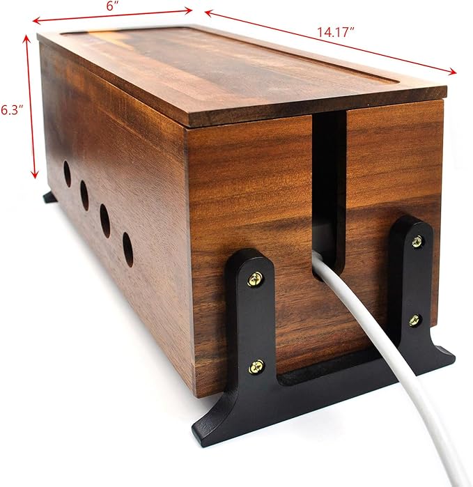 Large Cable Management Box, Wood Cord Hider Box & Organizer for Power Strip Hider Cable Storage for Office, TV Wires, Desk Cord Organizer, 14.1" x 6" x 6.3", Vintage Walnut