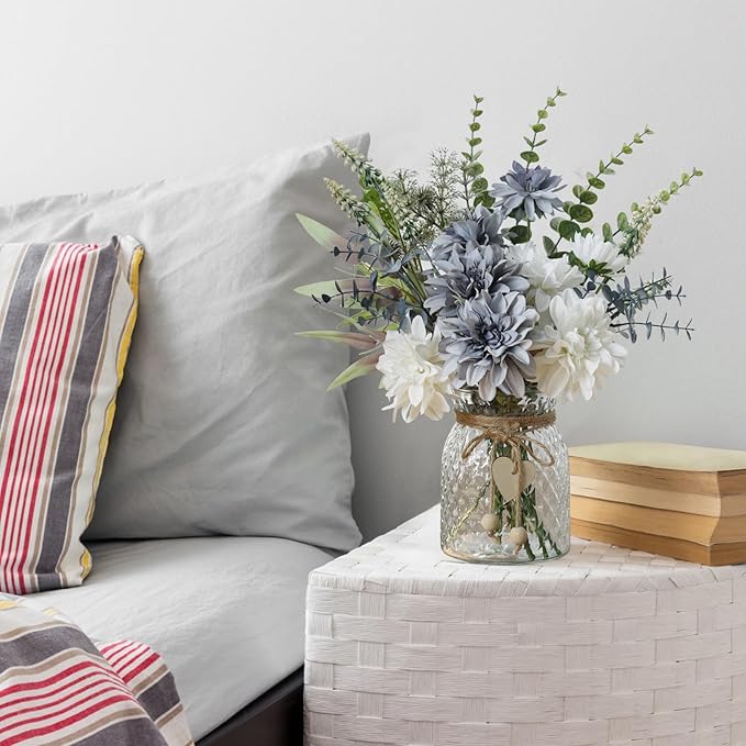 Leftover Fake Flowers with Vase,Silk Dahlia Flowers,Artificial Flowers in Vase,Centerpiece Table Decorations,Flower Centerpieces for Tables,Kitchen Table Decor,Coffee Table Decor