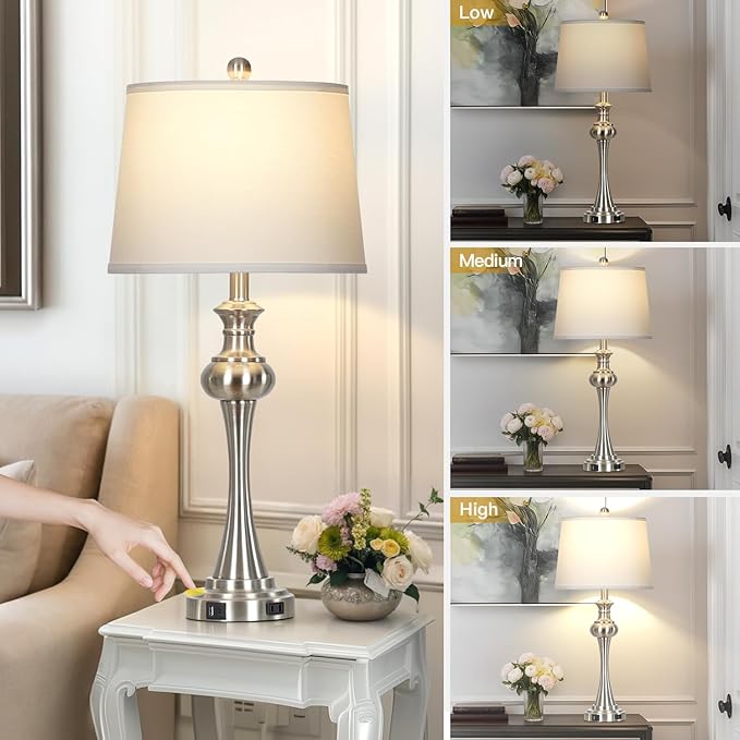 28.75" Silver Table Lamps for Living Room,Touch Lamps for Bedrooms Bedside Lamp 3-Way Dimmable Touch Control, Modern Silver Nightstand Lamp Fabric Shade Mid Century Accent Style(Bulb Inclued)