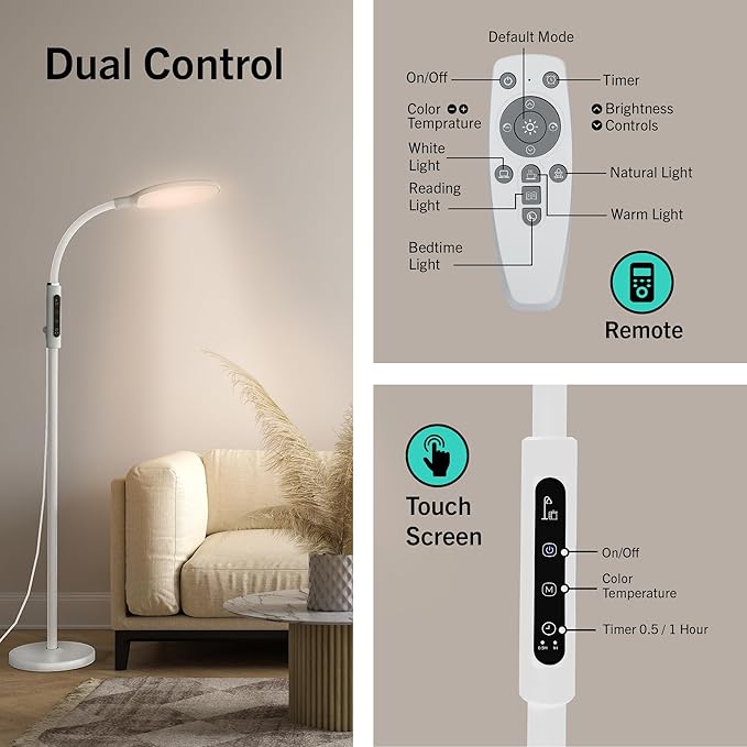 PRIMETEK Happy Light 10000 Lux Mood Lamp, Dual Control Remote,Touch Screen Sad Lamp, Adjustable LED Floor Lamp, UV-Free Sun Light, 5 Color Temperatures 10 Brightness Levels Happy Lights (White)