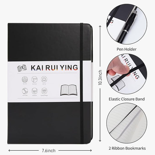 KaiRuiYing Lined Journal Notebook with Pen Holder, 320 Pages, 7.6'' × 10.3'' Large Size B5-100 GSM Thick Paper, for Writing, Work, Office, Leather Hardcover