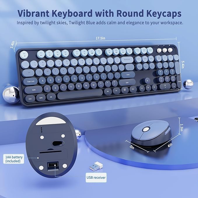 Wireless Keyboard and Mouse Combo, Retro Typewriter Keyboard with Round Keycaps, Full-Size Ergonomic, Blue, Ideal for Windows PC, Home, Office, and College, Wireless Keyboard Mouse Combo