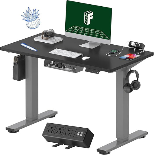 FLEXISPOT EN2 Whole-Piece Standing Desk with Clamp Power Strip, 40x24'' Electric Stand Up Height Adjustable Desk with Cable Management (Gray Frame + Black Top, 2 Packages)