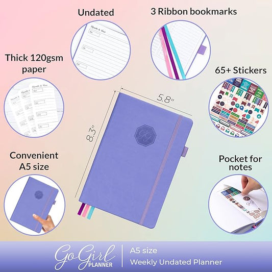 GoGirl Planner and Organizer for Women – A5 Size Weekly Planner, Goals Journal & Agenda to Improve Time Management, Productivity & Live Happier. Undated – Start Anytime, Lasts 1 Year – Lavender