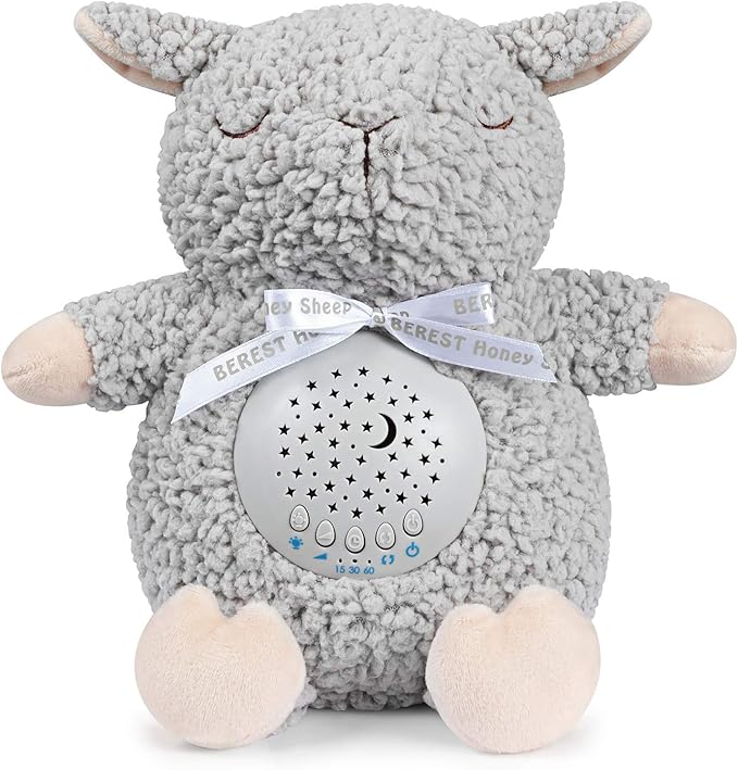 BEREST Baby Sleep Soother with Projector Night Light & Cry Sensor, Rechargeable Musical Plush Toy with White Noise, Heartbeat, Shushing for Newborns, Infants Shower Gift (A11-Projetor Grey Sheep)
