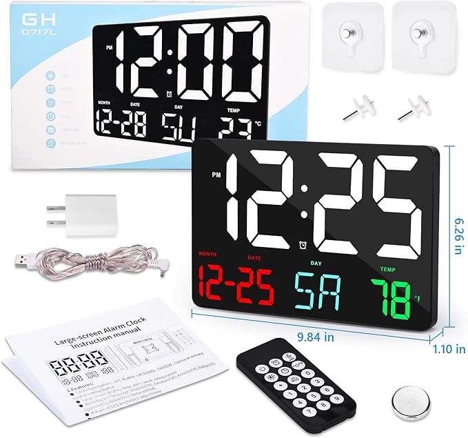 Amgico Digital Alarm Clock with Snooze, Temperature, Auto Dimming, 11.5" Large Display Calendar, Desk/Wall Clock for Bedroom, Living Room, Office, Home, Classroom, Kids, Elderly - Colorful