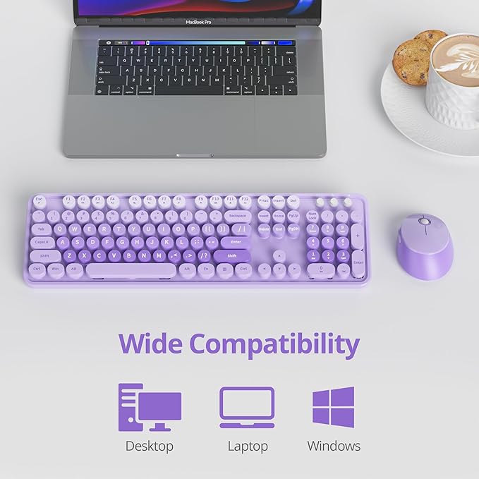 GTSP Colorful Purple Wireless Keyboard and Mouse Combo, Retro Typewriter Wireless Full-Size Cute Office Keyboard 2.4GHz with Round Keycaps for Desktop Laptop and PC (Cute Purple)