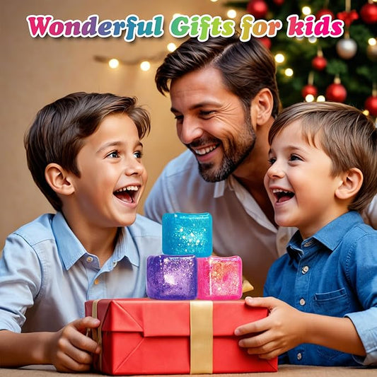 Slow Rise Glitter Square Squishy Cubes for Adults Pack of 3, Gel Cube Stress Cube, Squishy Stress Balls, Malt Sugar Nice Stress Cubes Squeeze Balls for Anxiety Relief(Purple/Blue/Pink)