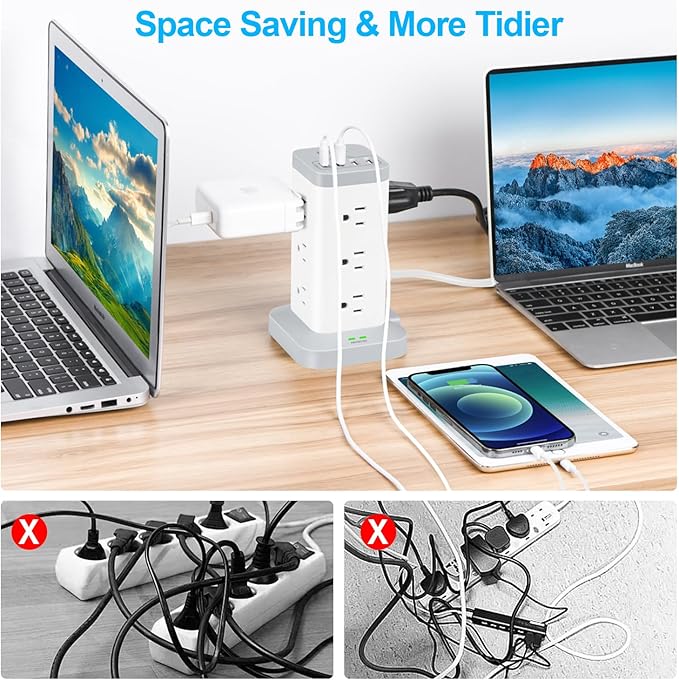 BEVA Power Strip Tower with USB Ports, 6.5 FT Surge Protector Power Tower, 12 AC and 4 USB Ports, 6.5 FT Extension Cord with Multiple Outlets, Office Supplies Office Organization