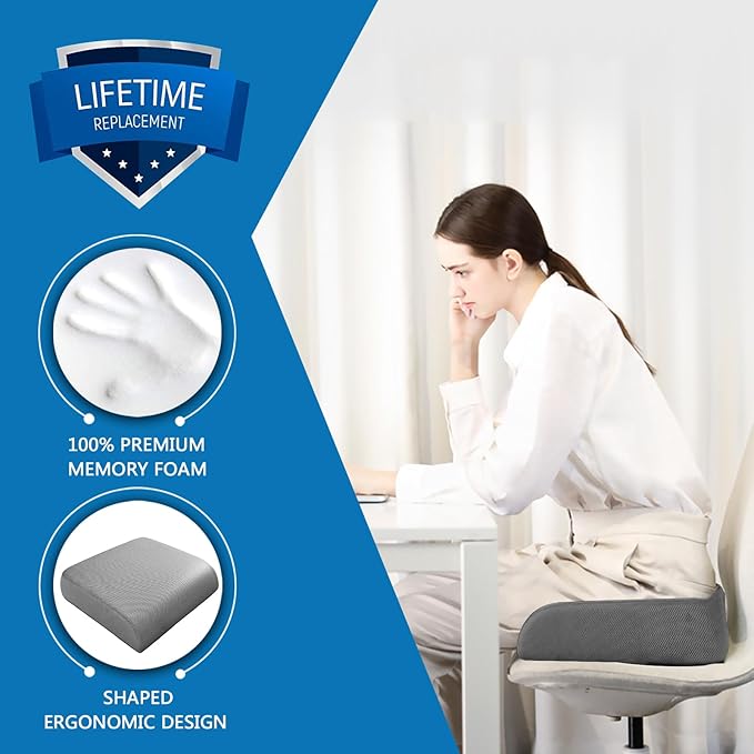 YOUFI Extra Thick Large Seat Cushion -19 X 17.5 X 4 Inch Gel Memory Foam Cushion with Carry Handle Non Slip Bottom - Pain Relief Coccyx Cushion for Wheelchair Office Chair (Gray)