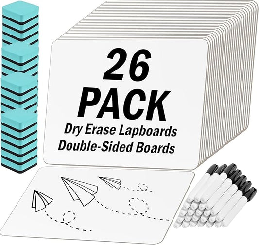 26 Pack Small Dry Erase Boards Classroom Pack 12 x 9 Inch Double Sided Mini White Boards Dry Erase LapBoards for Teacher Supplies with 26 Erasers and 26 Markers