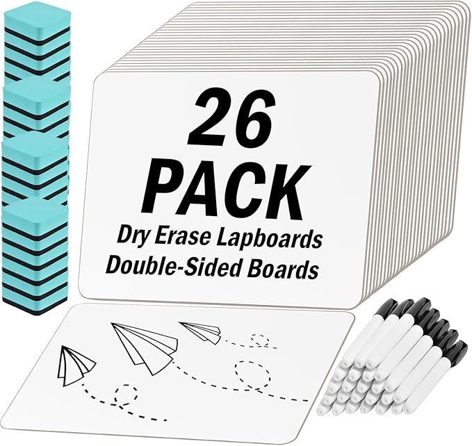 26 Pack Small Dry Erase Boards Classroom Pack 12 x 9 Inch Double Sided Mini White Boards Dry Erase LapBoards for Teacher Supplies with 26 Erasers and 26 Markers