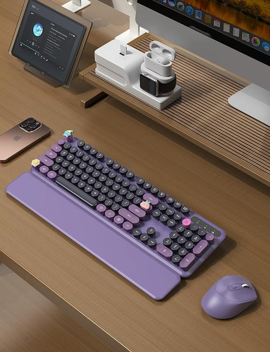 Wireless Keyboard and Mouse - Cute Typewriter Keyboard with Detachable Wrist Rest, Retro Round Keycaps, Foldable Legs, 2.4GHz Full-Size Keyboard Combo for PC, Laptop, Windows - Trueque (Grape Purple)