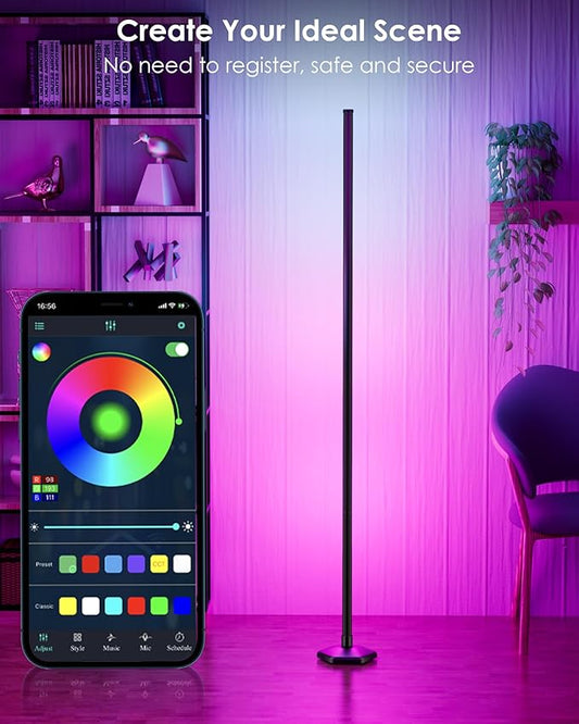 1PCS Corner Floor Lamp,RGB LED Corner Lamp with Remote Control,65" Color Changing Mood Light with Smart App and Remote Control Modern Floor Lamp with Music Sync for Bedroom, Living Room Gaming Room