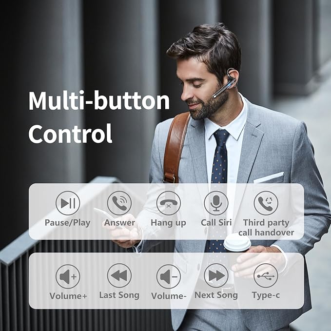 Bluetooth Headset, 100Hrs Talk Time Noise Canceling Wireless Earpiece with 500mAh Charging Case, Built-in Dual Microphone 270ยฐ Rotatable Hands Free Headphones for Trucker/Office/Business/Home/Driving