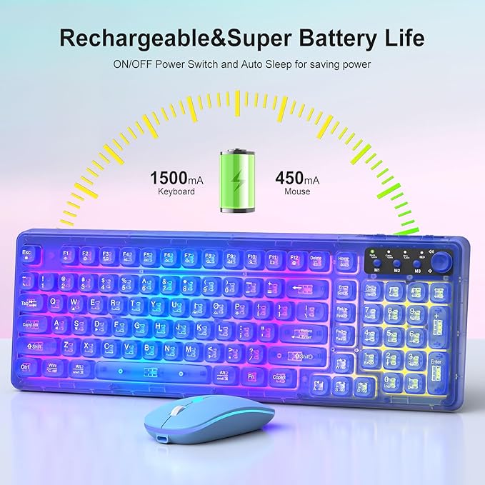 Wireless Light Up Keyboard and Mouse,Cute 2.4Ghz Cordless Rechargeable Clear Transparent Backlit Keyboard,15 Backlight Effects,Volume Knob,RGB Mouse with 3 DPI for Mac Computer PC Laptop Desktop-Blue