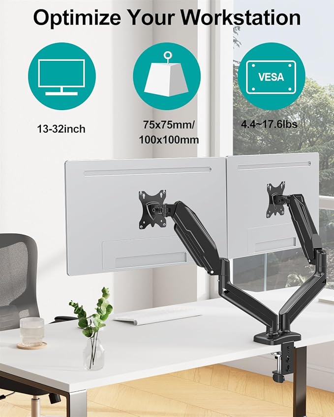 MOUNT PRO Dual Monitor Mount Fits 13 to 32 Inch Computer Screen, Height Adjustable Monitor Stand for 2 Monitors, Gas Spring Display Arm Holds up to 17.6lbs Each, Monitor Desk VESA Mount 75x75, 100x100