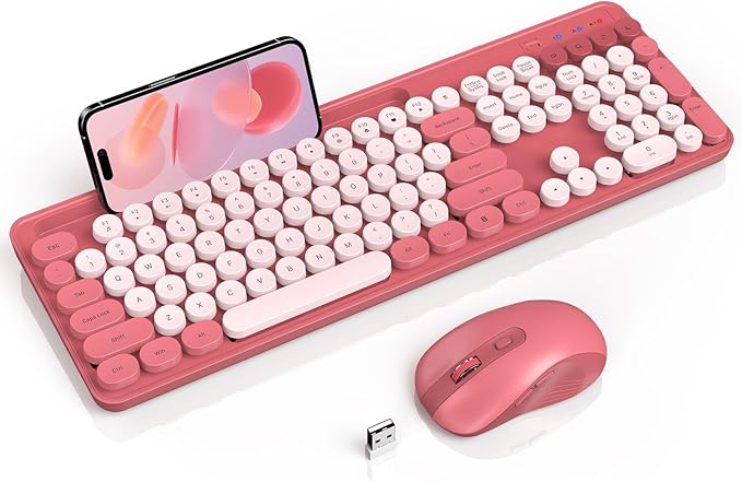 Wireless Keyboard and Mouse Combo, Retro Round Keycap Typewriter Keyboard with Phone/Tablet Holder, Cute Colorful Keyboard for Computer/Laptop/Windows by SABLUTE (Pink)