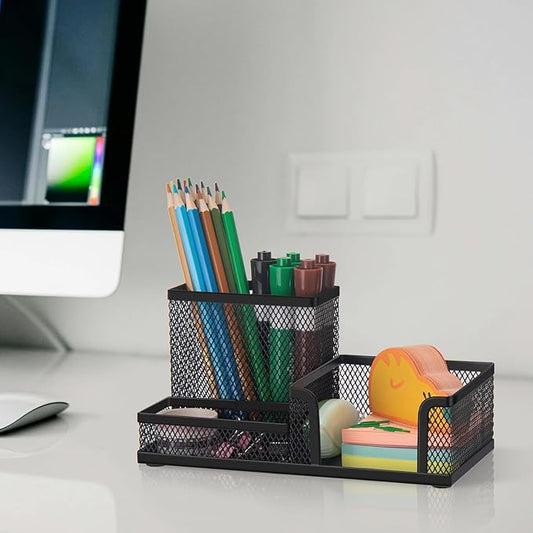Comix Mesh Pen Pencil Holder Desk Organizer, 3 Compartment Wire Desktop Pen Pencil Cup Caddy Office Supplies Accessories for Home Office School, Black(2 Pack)