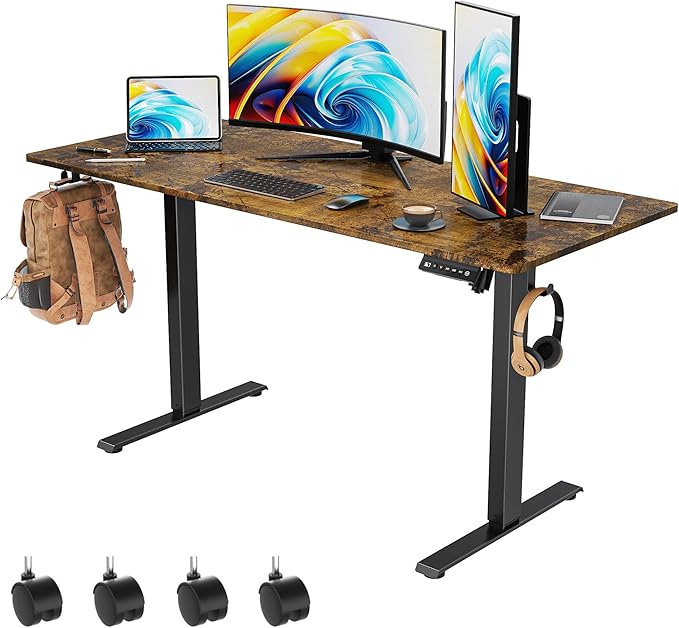 55 x 24 inch Electric Standing Desk Adjustable Height with 4 Wheels, 4 Memory Height Settings, 2 Headphone Hook, for Home Office, Splice Board Brown