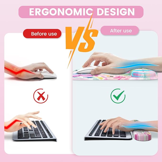 HAOCOO Mouse Pad with Wrist Rest, Large Desk Mat, Ergonomic Keyboard Wrist Support, 4pcs Computer Desk Pad Set with Coaster, Memory Foam Gaming Mousepad for Laptop Girls, Pink Floral