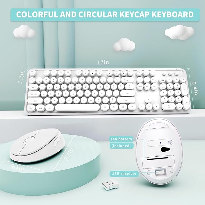 Wireless Keyboard and Mouse Combo, Ergonomic Full Size Typewriter Retro Round Keycaps Keyboard, Compatible with Windows, PC, Perfer for Home and Office Keyboards(White)