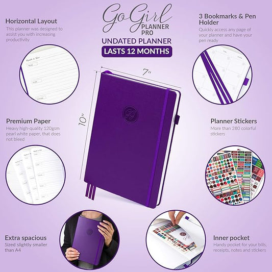 GoGirl Planner PRO - Undated Horizontal Layout Weekly Planner and Organizer + Budgeting and Expense Tracking Pages, Goals Journal & Agenda, 7" x 10" Hardcover, Lasts 1 Year - Purple