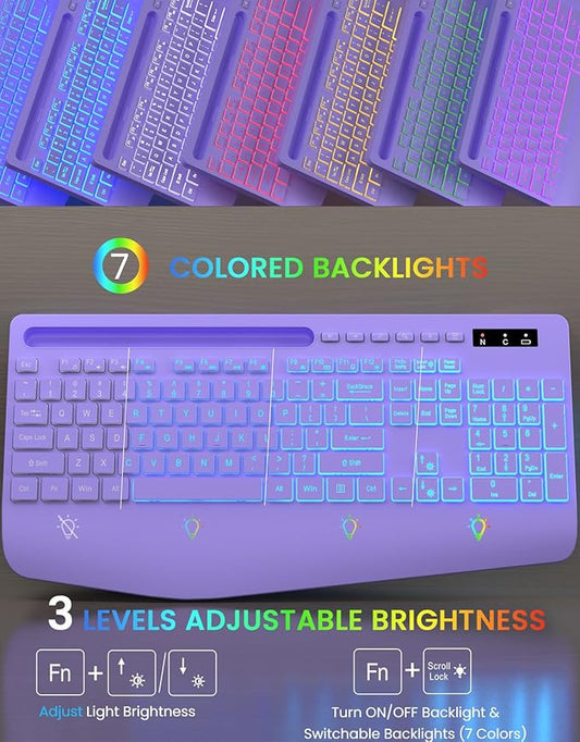 Wireless Keyboard with 7 Colored Backlits, Wrist Rest, Phone Holder, Rechargeable Ergonomic Computer Keyboard with Silent Keys, Full Size Lighted Keyboard for Windows, MacBook, PC, Laptop (Purple)