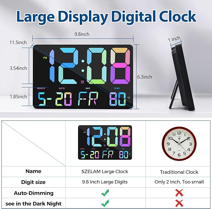 SZELAM Digital Clock Large Display,11.5"Digital Wall Alarm Clock with Remote Control,LED Oversized Electric Clock with Calendar,12/24H,Adjustable Brightness Large Clock for Home Office Kitchen Bedroom