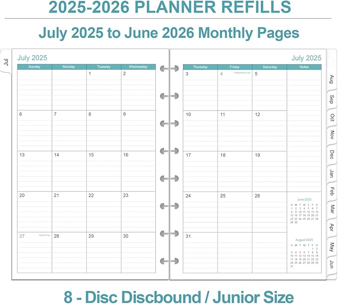 2025-2026 Planner Refills – One Page Per Day, 8-Disc Discbound 2025-26 Daily & Monthly Planner, Runs from July 2025-June 2026, Prioritized, To-Do List, Notes, 5.8" x 8.5"