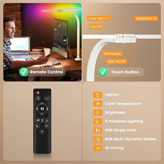 Upgraded LED Desk Lamp for Home Office with RGB, Rotatable Computer Desk Light with Remote, Eye Caring Table Lamp with Clamp, Dimmable Dual Head Desk Lighting for Desktop, 22W, White