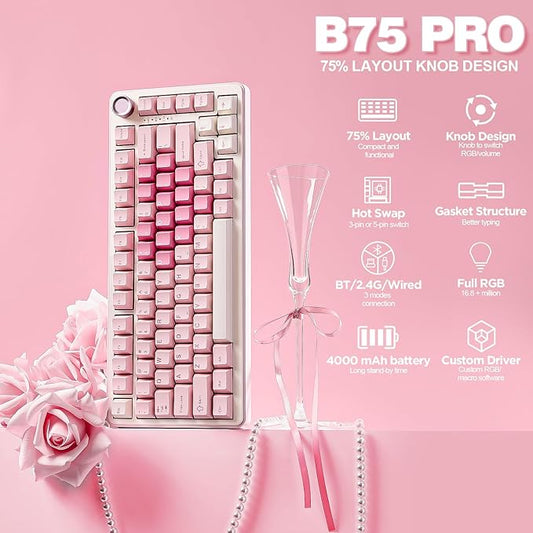YUNZII B75 PRO Wireless Mechanical Keyboard,75% Layout with Knob,Hot Swap Gasket Custom Structure,Creamy Pre-lubed Switches,RGB Backlit,Bluetooth/Type-C/2.4G for Win/Mac(Milk Switch,Pink)