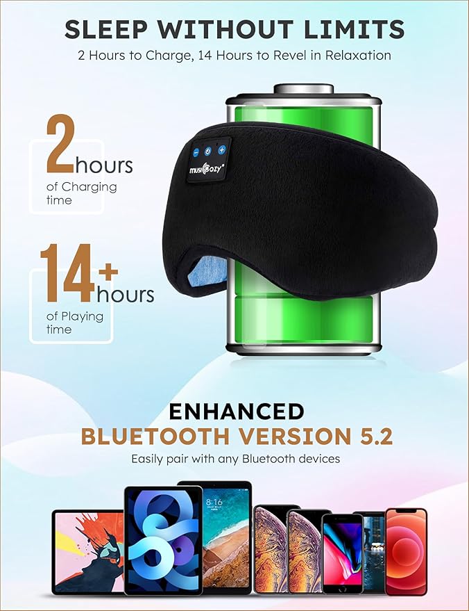 MUSICOZY Sleep Headphones Bluetooth 5.4 Headband Sleeping Eye Mask for Mom Women Men Wireless Music Earbuds Earphones for Side Sleepers Built-in HD Speakers Cool Gadgets Unique Gifts