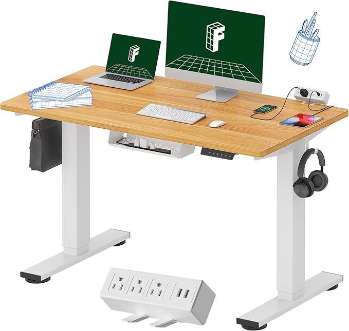 FLEXISPOT EN2 Whole-Piece Standing Desk with Clamp Power Strip, 48 x 24 Electric Height Adjustable Desk with Cable Management (White Frame + 48" Maple Top)