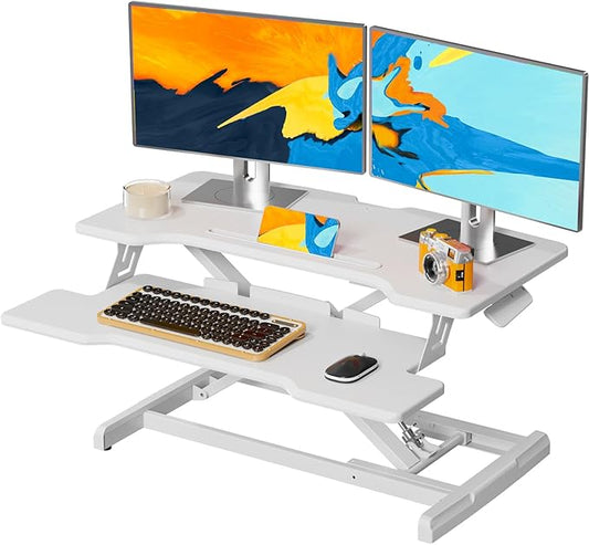 Standing Desk Converter 32 inch, Height Adjustable Sit Stand Desk Riser, Quick Sit to Stand Tabletop Dual Monitor Riser Workstation for Home Office with Keyboard Tray, White