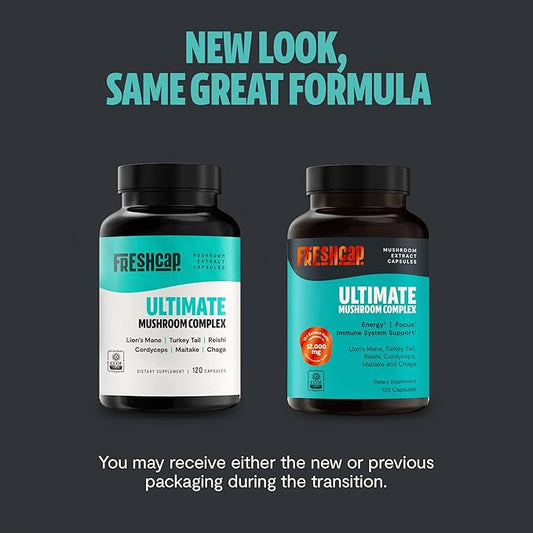 FreshCap Mushrooms Ultimate Mushroom Supplement 12,000mg - Nootropic Mushroom Complex Capsules, Organic Supplement, Brain Supplements for Memory and Focus Ayurveda (120 Capsules)