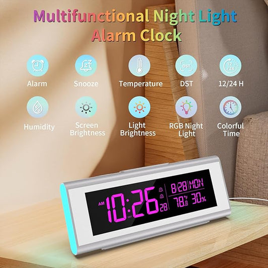 Digital Alarm Clocks for Bedrooms, LED Desk Clock with RGB Night Light, Brightness Dimmer, Date, Week, Temperature Large Display, Modern Decor for Desk, Office, Gift for Kids, Teen, Adults (Silver)