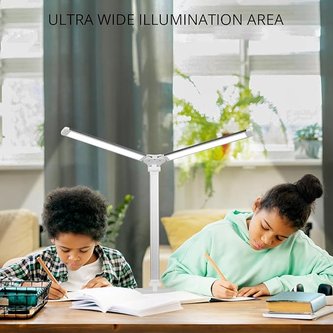 Semlos Dual Head LED Desk Lamp, Eye-Caring Table Lamps, 5 Lighting Modes & 5 Brightness Levels, Touch Control, Dimmable Desk Light for Home Office, White Reading Light, Adapter Included