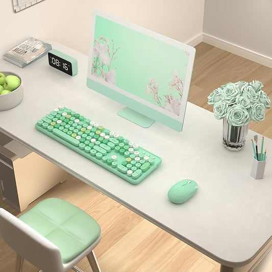 Colorful Wireless Keyboard and Mouse Combo, COVEVA 2.4GHz Wireless Retro Cute Round Keycaps Keyboard, 104 Keys Full-Sized Keyboard Mouse Set with Switch Button for PC Laptop Desktop (Green Colorful)